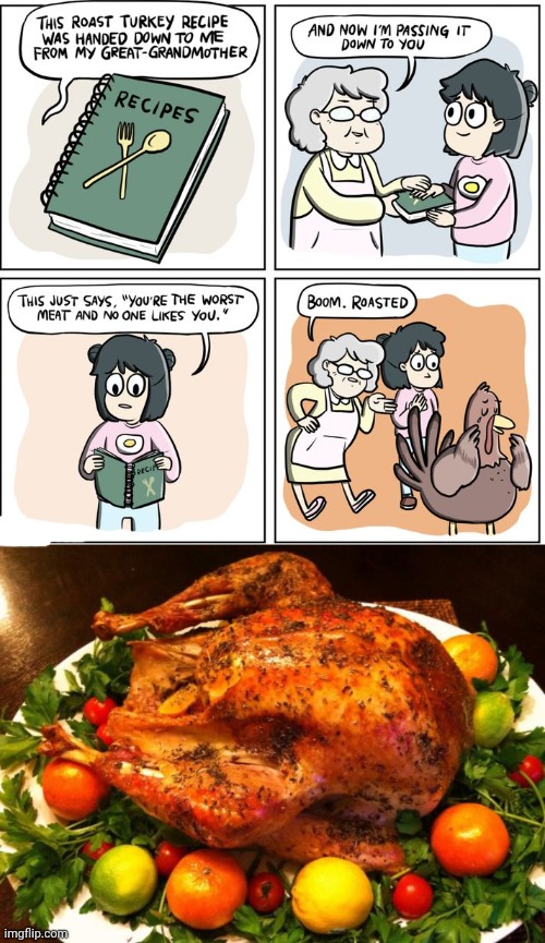 Boom, roasted | image tagged in roasted turkey,comics/cartoons,comics,comic,turkeys,memes | made w/ Imgflip meme maker