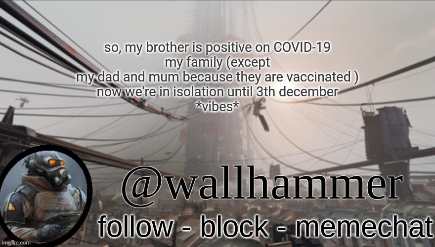 first time | so, my brother is positive on COVID-19
my family (except my dad and mum because they are vaccinated )
now we're in isolation until 3th december
*vibes* | image tagged in wallhammer temp thanks bluehonu | made w/ Imgflip meme maker
