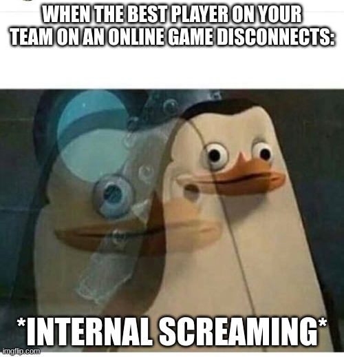 Internal Screaming | WHEN THE BEST PLAYER ON YOUR TEAM ON AN ONLINE GAME DISCONNECTS:; *INTERNAL SCREAMING* | image tagged in madagascar meme | made w/ Imgflip meme maker