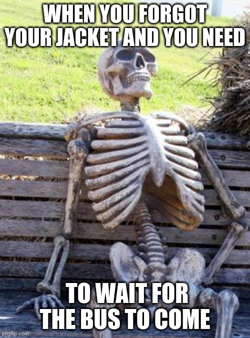 Waiting Skeleton Meme |  WHEN YOU FORGOT YOUR JACKET AND YOU NEED; TO WAIT FOR THE BUS TO COME | image tagged in memes,waiting skeleton | made w/ Imgflip meme maker