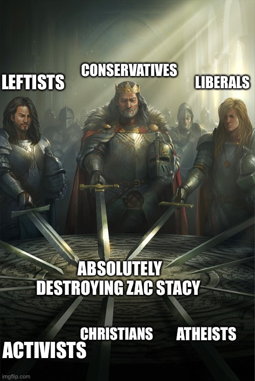 Swords united | CONSERVATIVES; LEFTISTS; LIBERALS; ABSOLUTELY DESTROYING ZAC STACY; CHRISTIANS; ATHEISTS; ACTIVISTS | image tagged in swords united | made w/ Imgflip meme maker