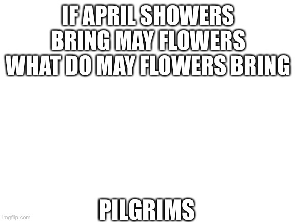 Dad joke 7 | IF APRIL SHOWERS BRING MAY FLOWERS WHAT DO MAY FLOWERS BRING; PILGRIMS | image tagged in blank white template | made w/ Imgflip meme maker