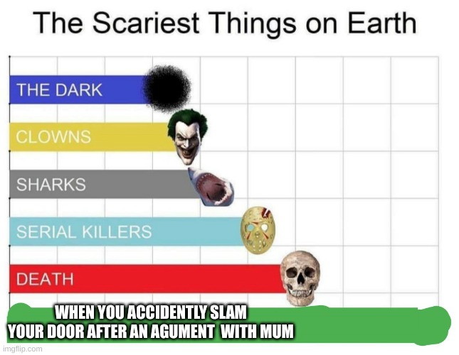 scariest things on earth | WHEN YOU ACCIDENTLY SLAM YOUR DOOR AFTER AN AGUMENT  WITH MUM | image tagged in scariest things on earth | made w/ Imgflip meme maker
