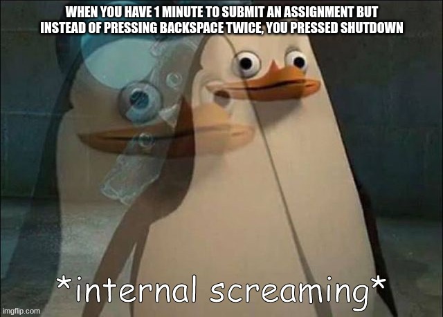 every single day, this happens to me | WHEN YOU HAVE 1 MINUTE TO SUBMIT AN ASSIGNMENT BUT INSTEAD OF PRESSING BACKSPACE TWICE, YOU PRESSED SHUTDOWN | image tagged in rico internal screaming | made w/ Imgflip meme maker