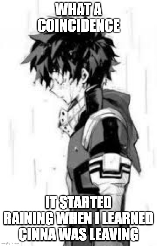 not joking, check the state radar for florida if you think im lying | WHAT A COINCIDENCE; IT STARTED RAINING WHEN I LEARNED CINNA WAS LEAVING | image tagged in deku sad | made w/ Imgflip meme maker