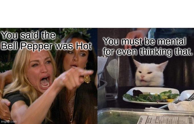 Woman Yelling At Cat Meme | You said the Bell Pepper was Hot; You must be mental for even thinking that. | image tagged in memes,two women yelling at a cat,hot,pepper | made w/ Imgflip meme maker
