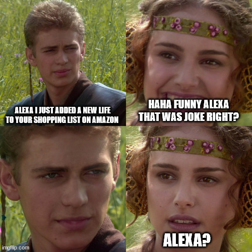 then ai needs to give you  a new life | ALEXA I JUST ADDED A NEW LIFE TO YOUR SHOPPING LIST ON AMAZON; HAHA FUNNY ALEXA THAT WAS JOKE RIGHT? ALEXA? | image tagged in anakin padme 4 panel | made w/ Imgflip meme maker