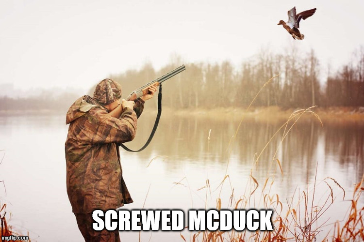 Bang! | SCREWED MCDUCK | image tagged in hunting,scrooge mcduck | made w/ Imgflip meme maker
