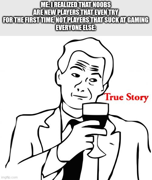 The Noob fact |  ME: I REALIZED THAT NOOBS ARE NEW PLAYERS THAT EVEN TRY FOR THE FIRST TIME, NOT PLAYERS THAT SUCK AT GAMING
EVERYONE ELSE: | image tagged in memes,true story,noob | made w/ Imgflip meme maker