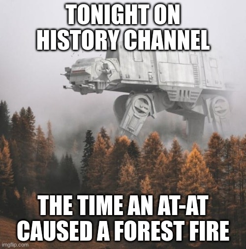 all terrain forest fire | TONIGHT ON HISTORY CHANNEL; THE TIME AN AT-AT CAUSED A FOREST FIRE | image tagged in at at,history channel,star wars,forest fire | made w/ Imgflip meme maker
