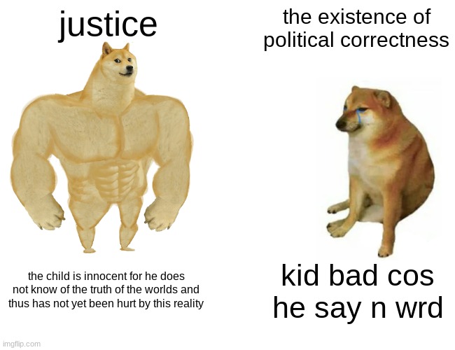 Buff Doge vs. Cheems | justice; the existence of political correctness; the child is innocent for he does not know of the truth of the worlds and thus has not yet been hurt by this reality; kid bad cos he say n wrd | image tagged in memes,buff doge vs cheems | made w/ Imgflip meme maker