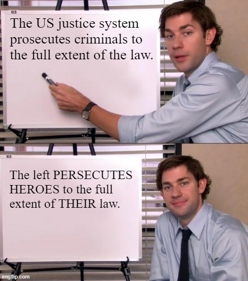 This is the left's distorted point of view. | The US justice system prosecutes criminals to the full extent of the law. The left PERSECUTES HEROES to the full extent of THEIR law. | image tagged in jim halpert explains,rittenhouse,leftists | made w/ Imgflip meme maker