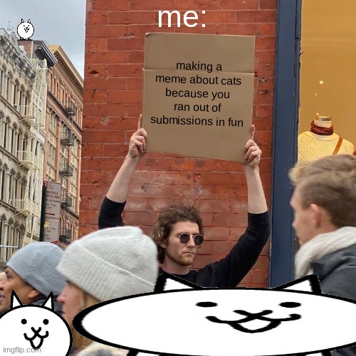 me:; making a meme about cats because you ran out of submissions in fun | image tagged in memes,guy holding cardboard sign,cat,stream | made w/ Imgflip meme maker