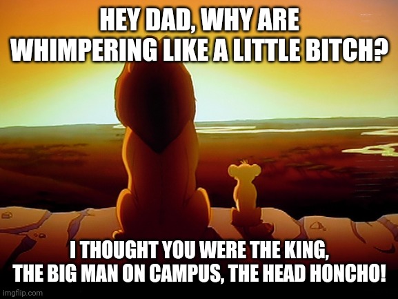 Lion King Meme | HEY DAD, WHY ARE WHIMPERING LIKE A LITTLE BITCH? I THOUGHT YOU WERE THE KING, THE BIG MAN ON CAMPUS, THE HEAD HONCHO! | image tagged in memes,lion king | made w/ Imgflip meme maker