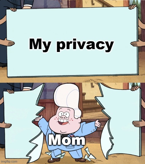 Mom is here to breach my privacy | My privacy; Mom | image tagged in gideon is here | made w/ Imgflip meme maker