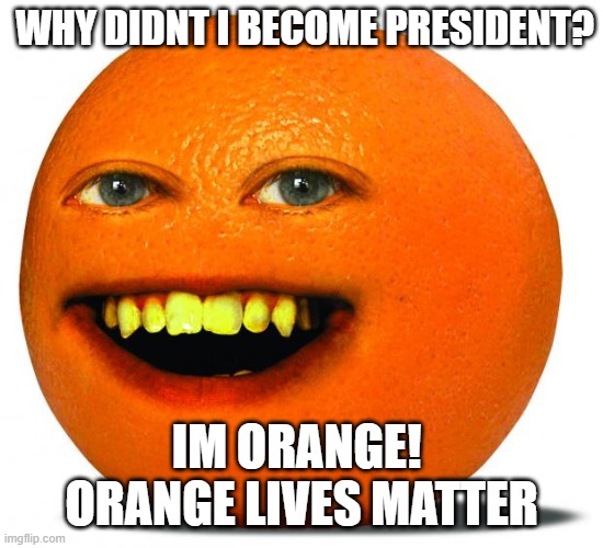 Annoying Orange | WHY DIDNT I BECOME PRESIDENT? IM ORANGE! 
ORANGE LIVES MATTER | image tagged in annoying orange | made w/ Imgflip meme maker