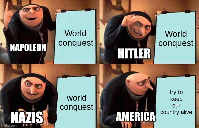 Gru's Plan | World conquest; World conquest; NAPOLEON; HITLER; world conquest; try to keep our country alive; NAZIS; AMERICA | image tagged in memes,gru's plan | made w/ Imgflip meme maker