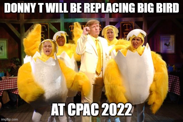 Chicken Trump | DONNY T WILL BE REPLACING BIG BIRD; AT CPAC 2022 | image tagged in chicken trump | made w/ Imgflip meme maker