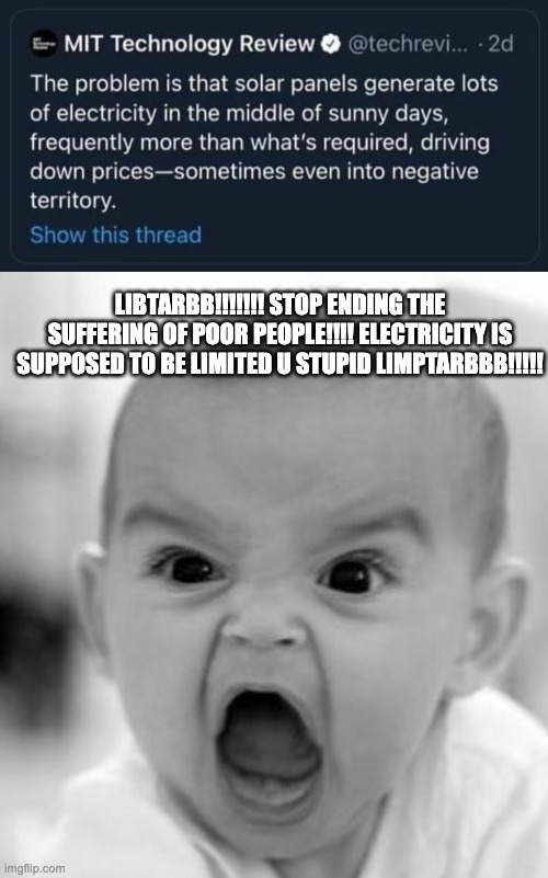 solar power is a myth invented by the :) | LIBTARBB!!!!!!! STOP ENDING THE SUFFERING OF POOR PEOPLE!!!! ELECTRICITY IS SUPPOSED TO BE LIMITED U STUPID LIMPTARBBB!!!!! | image tagged in baby yell | made w/ Imgflip meme maker