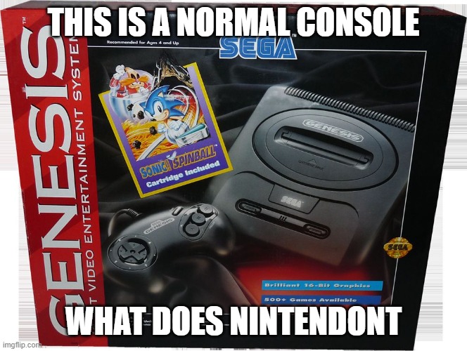 SEGA What Does Nintendont | THIS IS A NORMAL CONSOLE; WHAT DOES NINTENDONT | image tagged in sega genesis | made w/ Imgflip meme maker