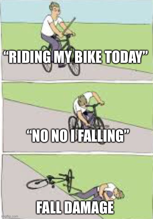 Bike riding | “RIDING MY BIKE TODAY”; “NO NO I FALLING”; FALL DAMAGE | image tagged in lion being yeeted | made w/ Imgflip meme maker