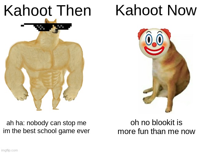 Buff Doge vs. Cheems | Kahoot Then; Kahoot Now; ah ha: nobody can stop me im the best school game ever; oh no blookit is more fun than me now | image tagged in memes,buff doge vs cheems | made w/ Imgflip meme maker