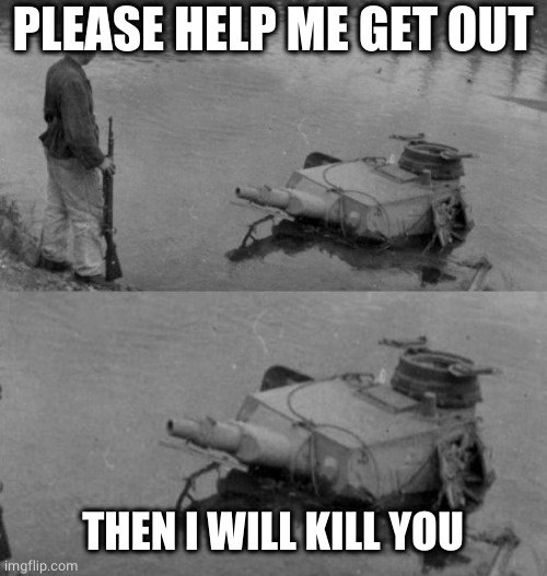 Panzer of the lake | PLEASE HELP ME GET OUT THEN I WILL KILL YOU | image tagged in panzer of the lake | made w/ Imgflip meme maker