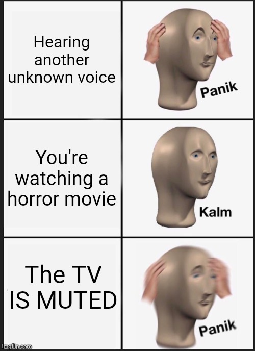 Panik Kalm Panik | Hearing another unknown voice; You're watching a horror movie; The TV IS MUTED | image tagged in memes,panik kalm panik | made w/ Imgflip meme maker