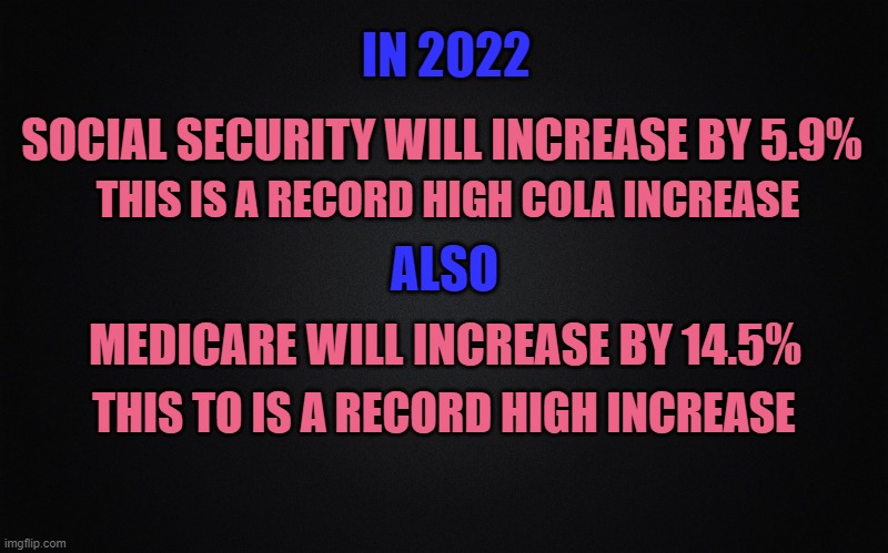 Social Security | IN 2022; SOCIAL SECURITY WILL INCREASE BY 5.9%; THIS IS A RECORD HIGH COLA INCREASE; ALSO; MEDICARE WILL INCREASE BY 14.5%; THIS TO IS A RECORD HIGH INCREASE | image tagged in memes,social security,government,corruption,disability,taxes | made w/ Imgflip meme maker
