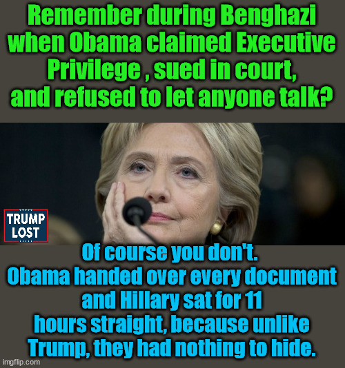 Justice for the January 6 Insurrection and the Big Lie. | Remember during Benghazi when Obama claimed Executive Privilege , sued in court, and refused to let anyone talk? Of course you don't.  Obama handed over every document and Hillary sat for 11 hours straight, because unlike Trump, they had nothing to hide. | image tagged in hillary,trump lost,j6 justice,thank you brandon | made w/ Imgflip meme maker