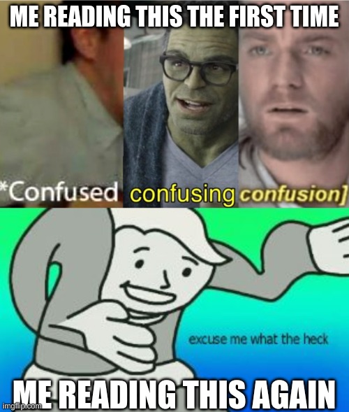 ME READING THIS THE FIRST TIME ME READING THIS AGAIN | image tagged in confused confusing confusion,excuse me what the heck | made w/ Imgflip meme maker