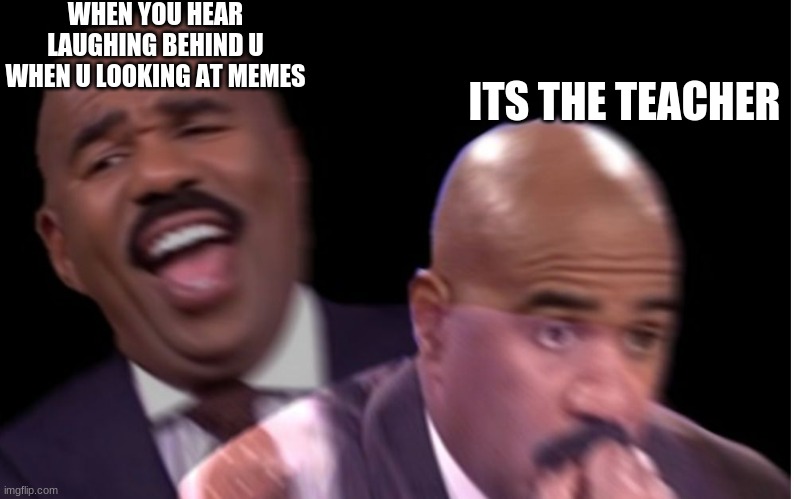 Conflicted Steve Harvey | WHEN YOU HEAR LAUGHING BEHIND U WHEN U LOOKING AT MEMES; ITS THE TEACHER | image tagged in conflicted steve harvey | made w/ Imgflip meme maker