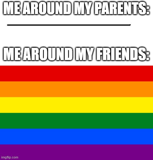 I'm a master of disguise! |  ME AROUND MY PARENTS:; ME AROUND MY FRIENDS: | image tagged in lgbtq,lgbt,bisexual,femboy,why are you gay | made w/ Imgflip meme maker