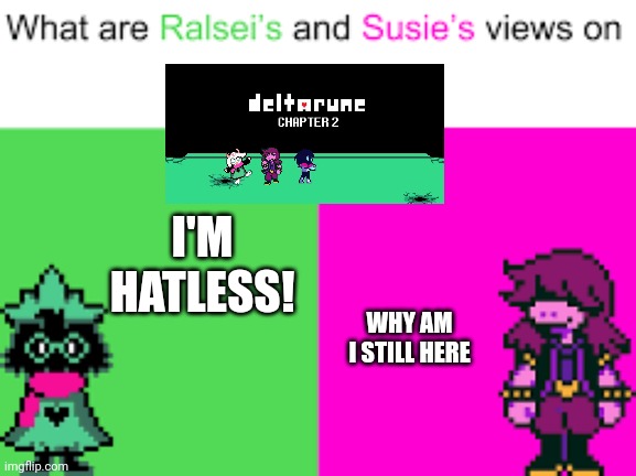 Ralsei and Susie | I'M HATLESS! WHY AM I STILL HERE | image tagged in ralsei and susie | made w/ Imgflip meme maker