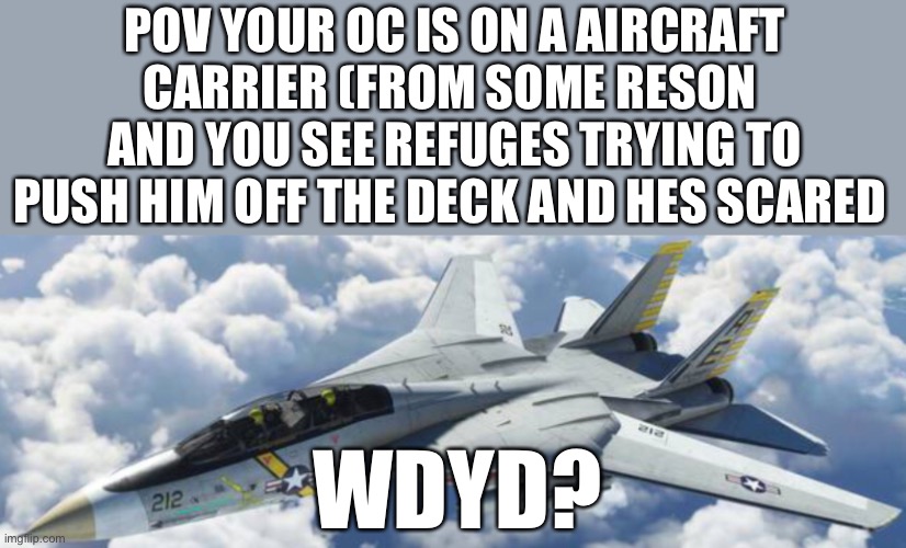 POV YOUR OC IS ON A AIRCRAFT CARRIER (FROM SOME RESON  AND YOU SEE REFUGES TRYING TO PUSH HIM OFF THE DECK AND HES SCARED; WDYD? | image tagged in roleplaying,oh wow are you actually reading these tags | made w/ Imgflip meme maker