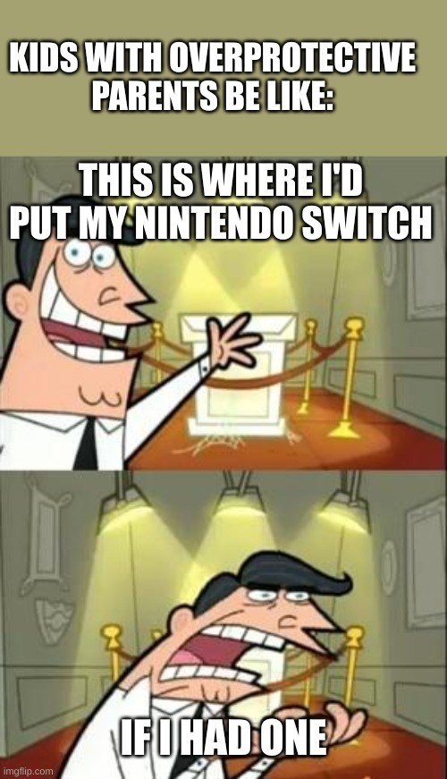 This is where I'd put my Nintendo switch. | KIDS WITH OVERPROTECTIVE PARENTS BE LIKE:; THIS IS WHERE I'D PUT MY NINTENDO SWITCH; IF I HAD ONE | image tagged in memes,this is where i'd put my trophy if i had one | made w/ Imgflip meme maker