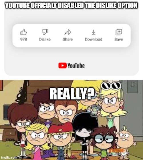 My Reaction Over. Dis Stupid Decision | YOUTUBE OFFICIALY DISABLED THE DISLIKE OPTION; REALLY? | image tagged in youtube,the loud house,angry | made w/ Imgflip meme maker