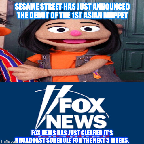 JD73 | SESAME STREET HAS JUST ANNOUNCED THE DEBUT OF THE 1ST ASIAN MUPPET; FOX NEWS HAS JUST CLEARED IT'S BROADCAST SCHEDULE FOR THE NEXT 3 WEEKS. | image tagged in comedy | made w/ Imgflip meme maker