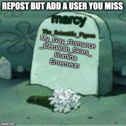the last user on there doesnt remember me :) | My_Gay_Romance
_Cerulean_Skies_ 
Illumina
Ememeon | made w/ Imgflip meme maker