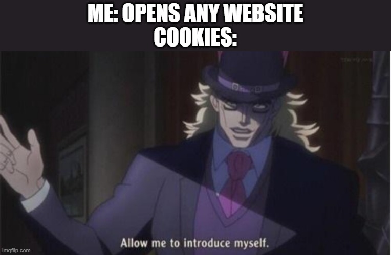 Allow me to introduce myself(jojo) | ME: OPENS ANY WEBSITE
COOKIES: | image tagged in allow me to introduce myself jojo | made w/ Imgflip meme maker