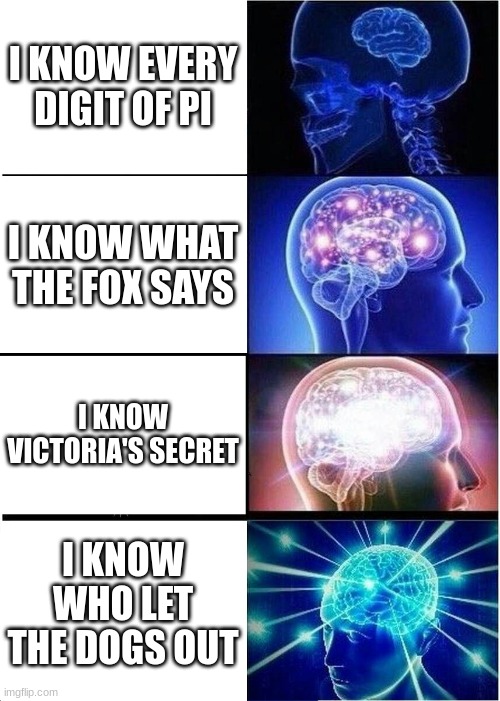 Expanding Brain Meme | I KNOW EVERY DIGIT OF PI; I KNOW WHAT THE FOX SAYS; I KNOW VICTORIA'S SECRET; I KNOW WHO LET THE DOGS OUT | image tagged in memes,expanding brain | made w/ Imgflip meme maker