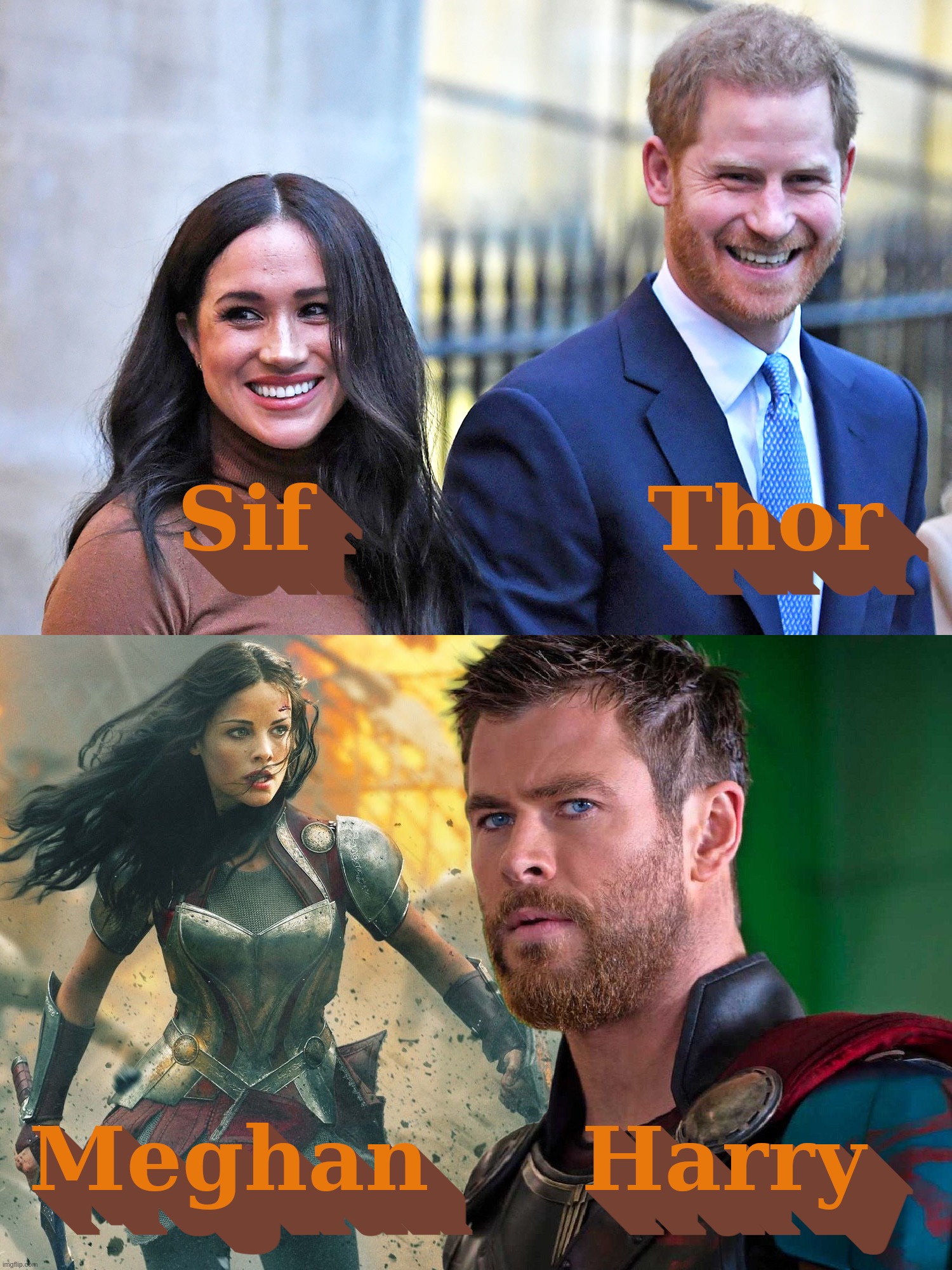Sif and Thor on top Meghan and Harry bottom | image tagged in sif,thor,meghan,harry,marvel,movie | made w/ Imgflip meme maker