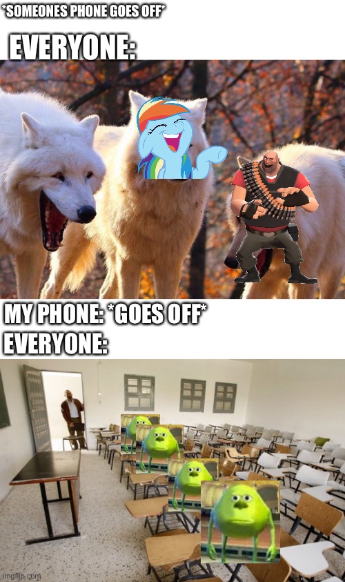 It be the life of a diabetic | *SOMEONES PHONE GOES OFF*; EVERYONE:; MY PHONE: *GOES OFF*; EVERYONE: | image tagged in the three wolves,empty classroom,phone,laughing,diabetes,mike wazowski | made w/ Imgflip meme maker