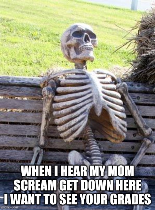 OH NOOO | WHEN I HEAR MY MOM SCREAM GET DOWN HERE I WANT TO SEE YOUR GRADES | image tagged in memes,waiting skeleton | made w/ Imgflip meme maker