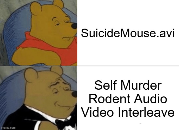 Tuxedo Winnie The Pooh Meme | SuicideMouse.avi; Self Murder Rodent Audio Video Interleave | image tagged in memes,tuxedo winnie the pooh | made w/ Imgflip meme maker