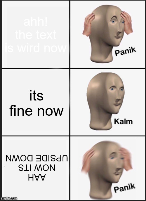 Panik Kalm Panik | ahh! the text is wird now; its fine now; AAH NOW ITS UPSIDE DOWN | image tagged in memes,panik kalm panik | made w/ Imgflip meme maker