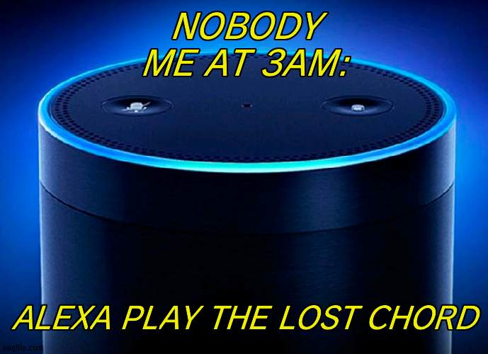 i set mine up yesterday |  NOBODY
ME AT 3AM:; ALEXA PLAY THE LOST CHORD | image tagged in alexa | made w/ Imgflip meme maker