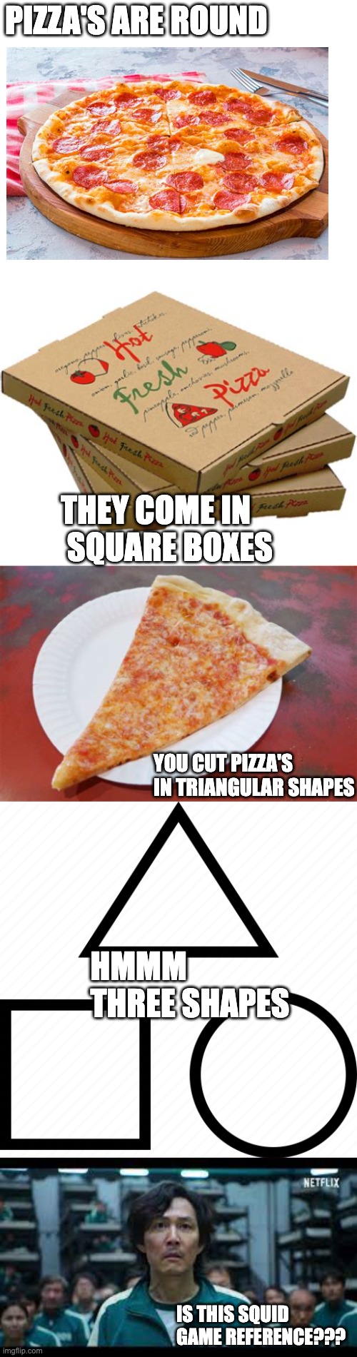 Squid Game Refernce? always has been |  PIZZA'S ARE ROUND; THEY COME IN
 SQUARE BOXES; YOU CUT PIZZA'S
IN TRIANGULAR SHAPES; HMMM THREE SHAPES; IS THIS SQUID GAME REFERENCE??? | image tagged in blank white template | made w/ Imgflip meme maker
