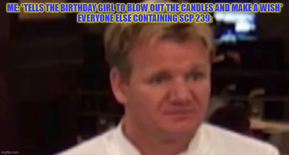 What did i say? | ME: *TELLS THE BIRTHDAY GIRL TO BLOW OUT THE CANDLES AND MAKE A WISH*
EVERYONE ELSE CONTAINING SCP 239: | image tagged in disgusted gordon ramsay | made w/ Imgflip meme maker