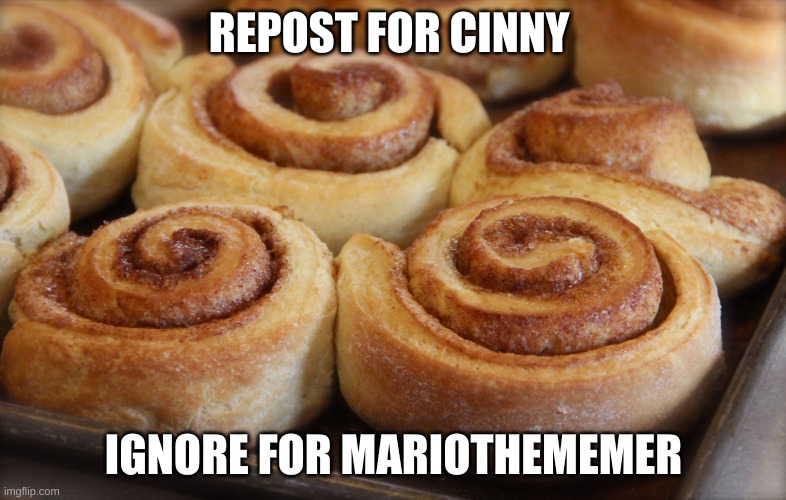 Cinnamon rolls | REPOST FOR CINNY; IGNORE FOR MARIOTHEMEMER | image tagged in cinnamon rolls,memes,imgflip,repost,ignore | made w/ Imgflip meme maker